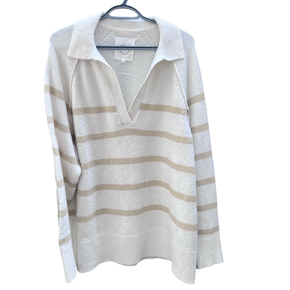 Aerie Oversized Striped Collared V-Neck Sweater Size M Ivory